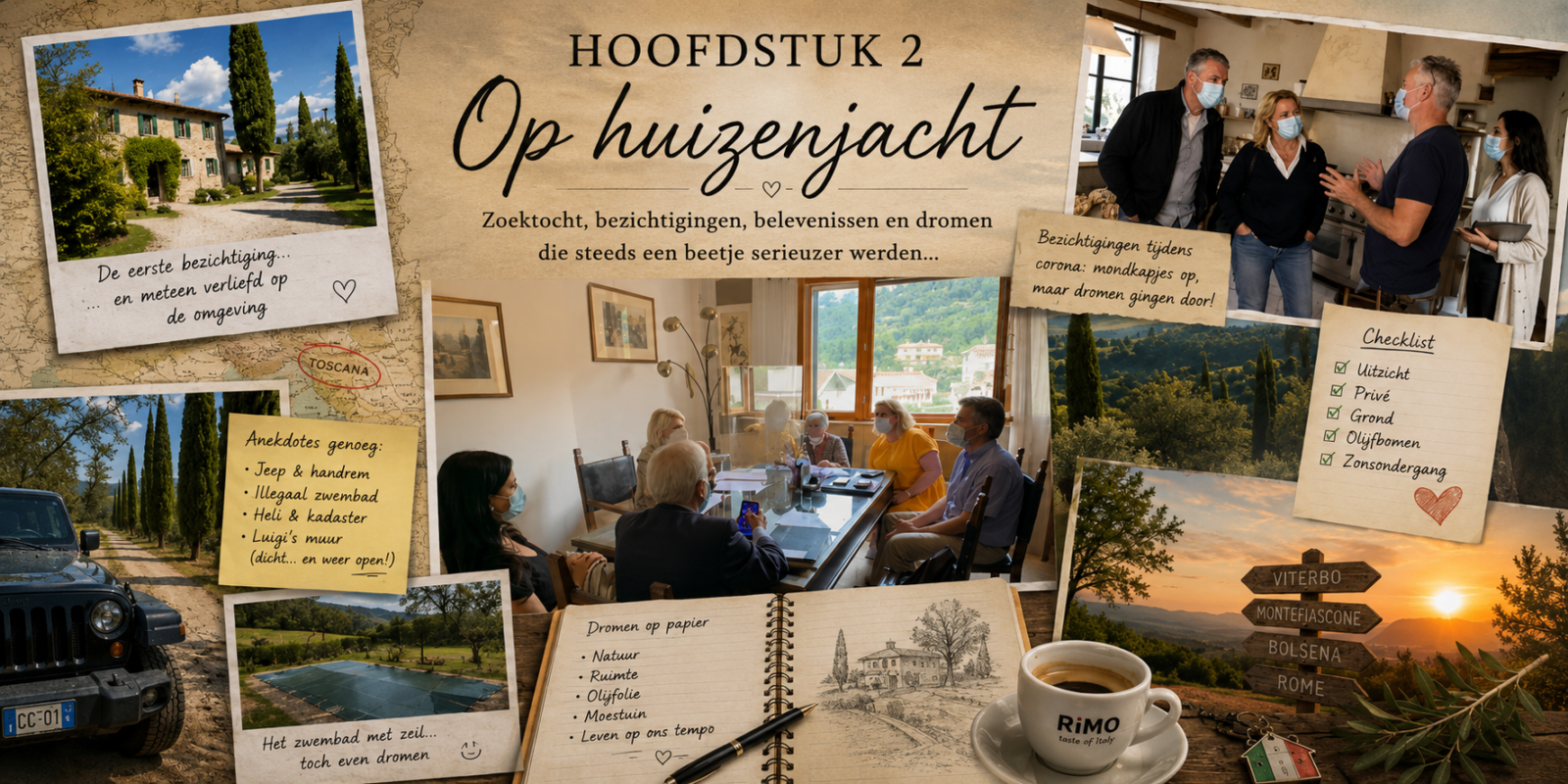 Collage van onze huizenjacht in Italië met bezichtigingen, een Italiaans huis, zwembad, Jeep, coronabezichtiging en het tekenen bij de notaris.