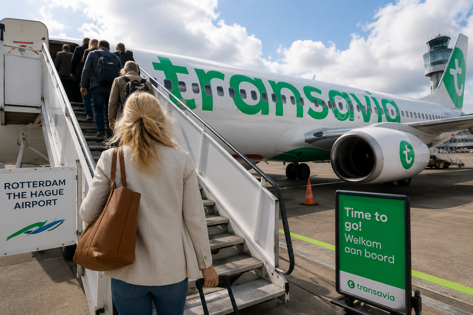 Boarding van een Transavia-vlucht van Rotterdam naar Rome tijdens onze huizenzoektocht in Italië.