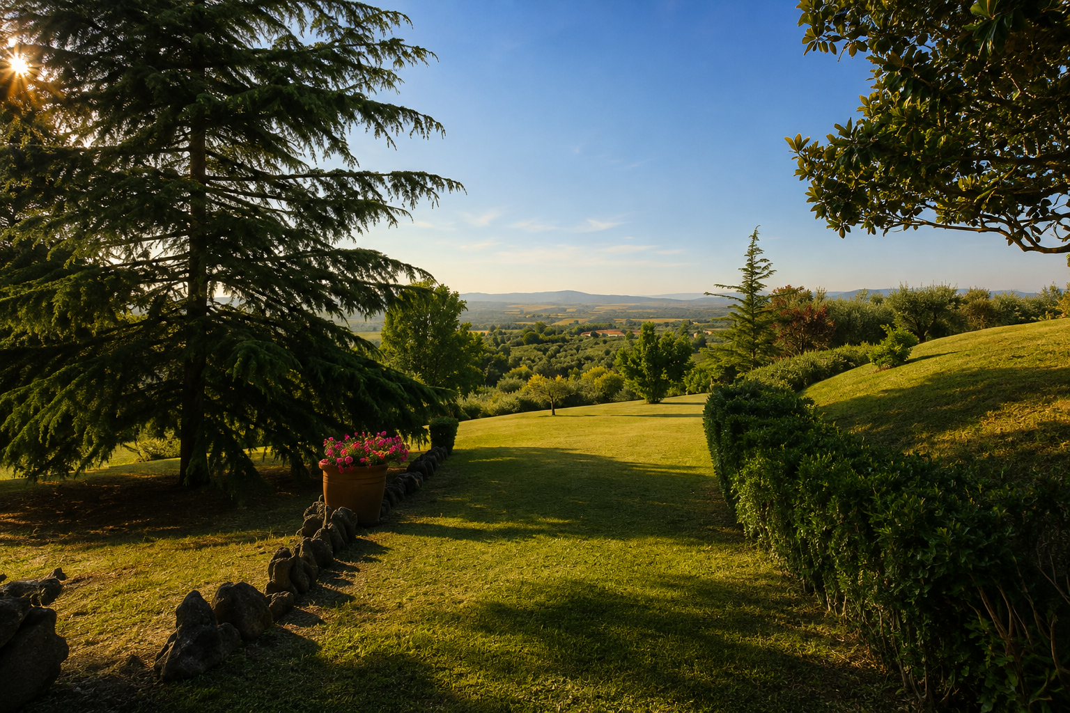 Groene tuin met volwassen bomen en weids uitzicht over het landschap van Lazio, Italië