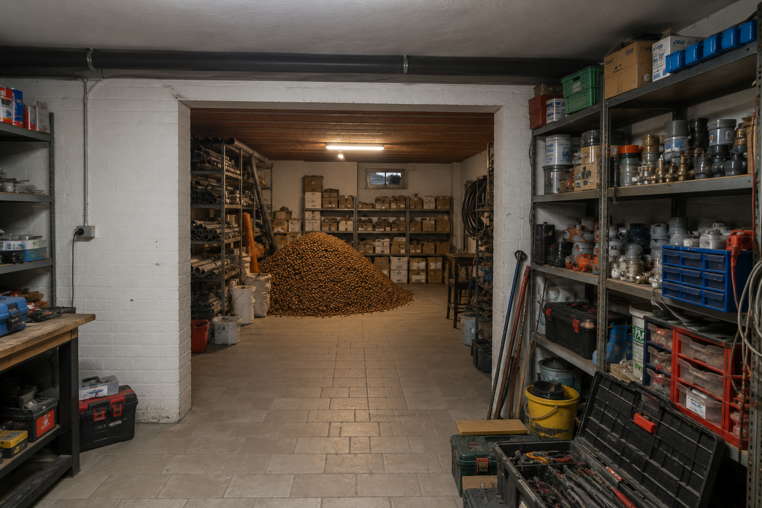 Opslagruimte met loodgietersgereedschap en materialen achter een grote doorgang in een Italiaans huis.