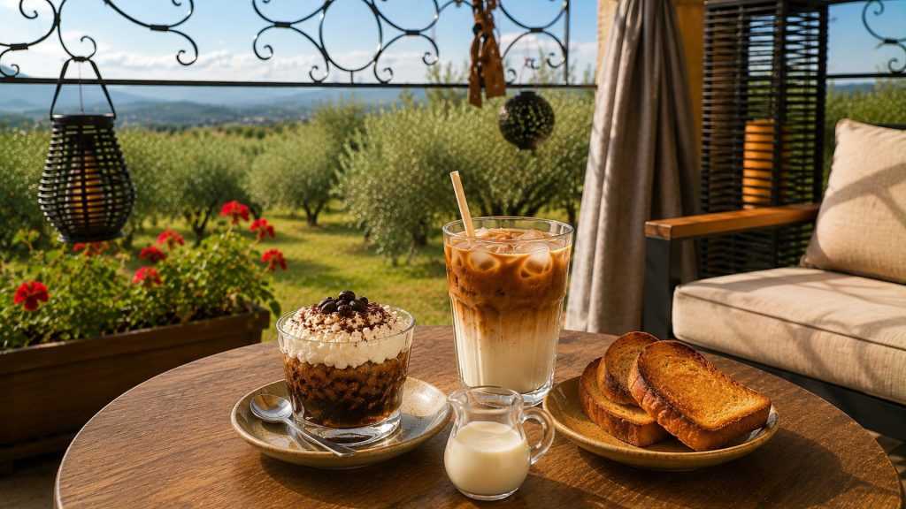 Granita al caffè met ricotta en Siciliaanse brioche op een zonnig Italiaans terras