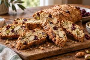Goudbruine cantucci met cranberries, pistache en amandelen op een houten plank, met een gedeeltelijk gesneden deegrol op de achtergrond.