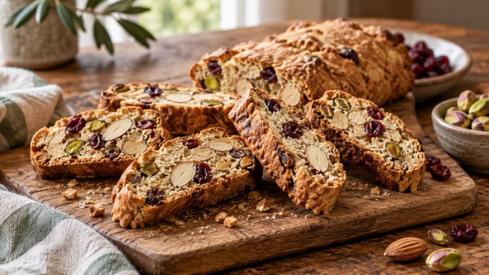 Goudbruine cantucci met cranberries, pistache en amandelen op een houten plank, met een gedeeltelijk gesneden deegrol op de achtergrond.